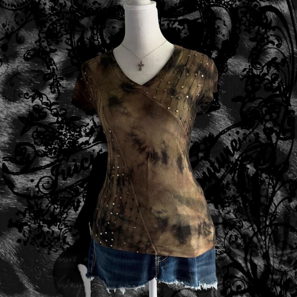 tie dye washed grunge bleached black brown green hue skinny sequin glam top